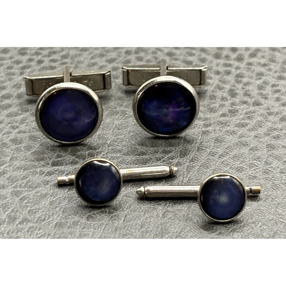 Vintage Silver Tone Moonglow Blue Cabochon Cufflinks Studs Cuff Button Set